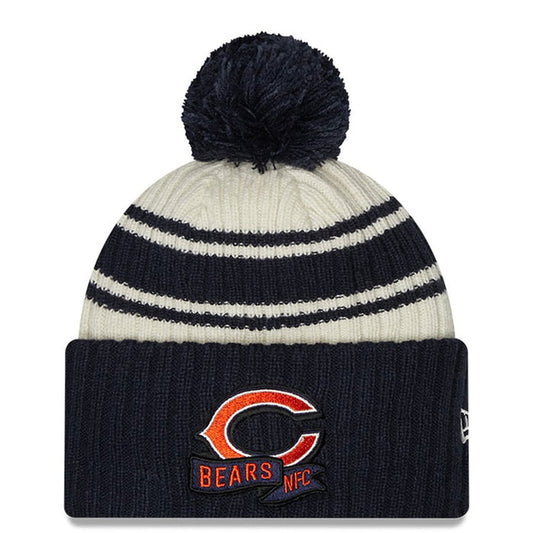Chicago Bears New Era Cream/Navy 2022 Sideline Sport Cuffed Pom Knit Hat