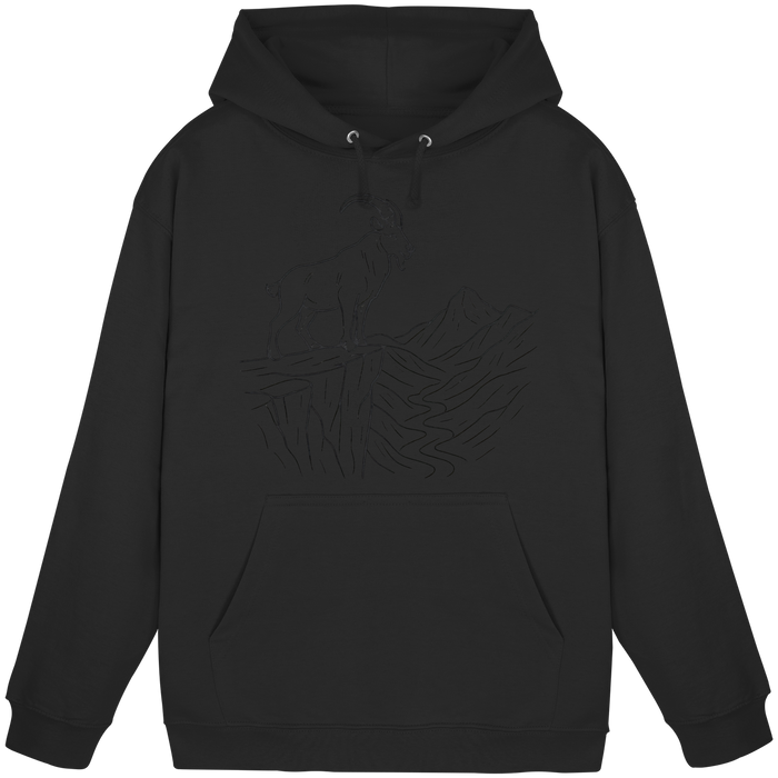 Black unisex Cliff Edge Hoodie by Arvenzo showing front view with a simple, classic design and hoodie with drawstrings.