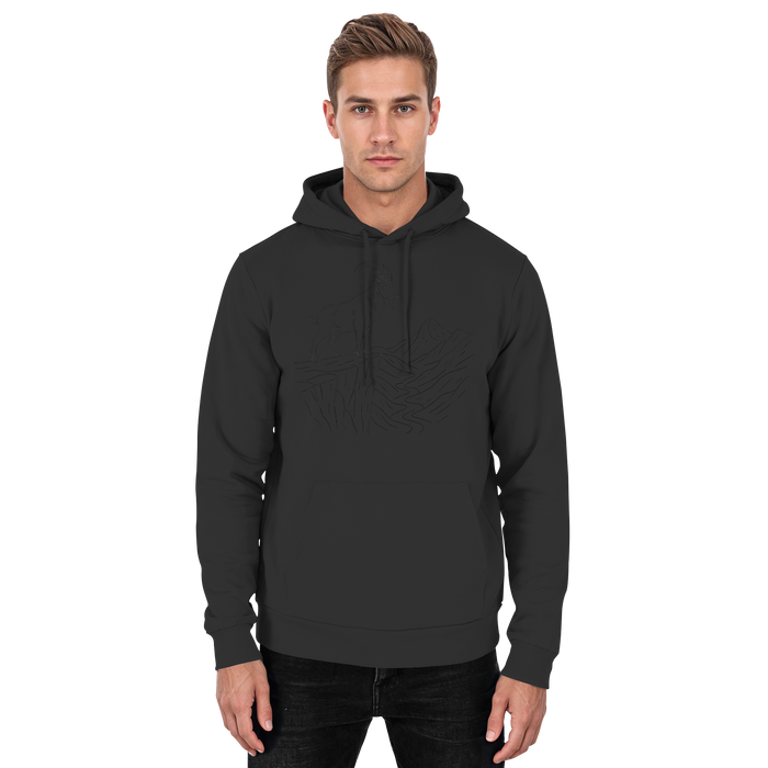 Front view of Arvenzo Cliff Edge Hoodie in deep black, unisex design with a simple, clean look and soft fabric.
