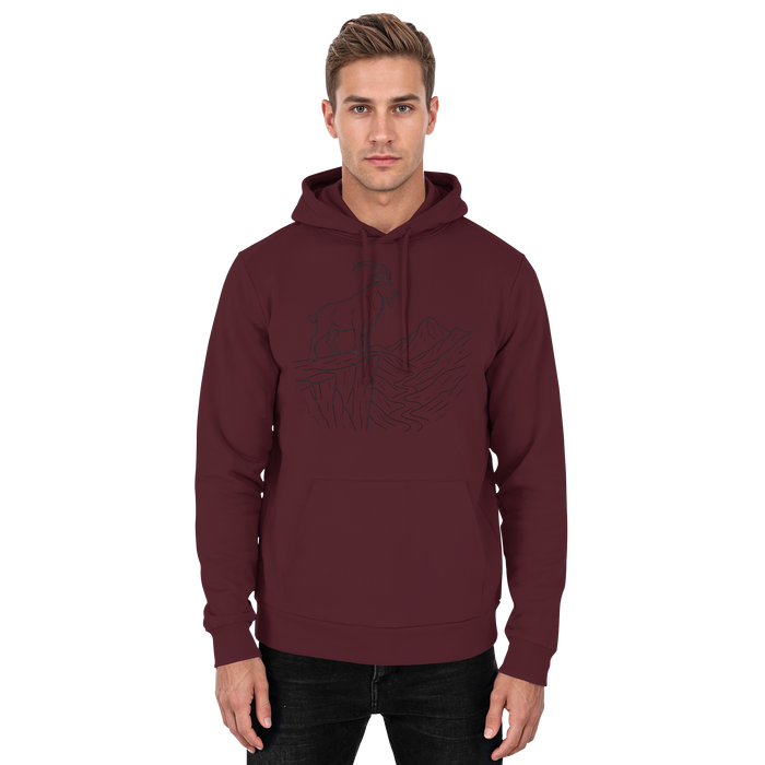 Front view of Arvenzo Cliff Edge unisex burgundy hoodie with a basic design and drawstring hood.