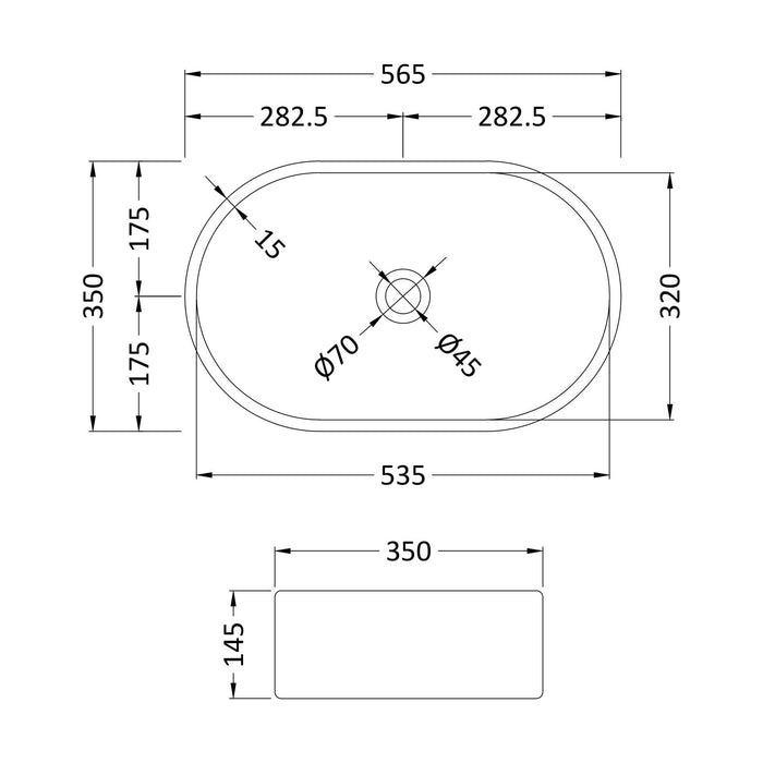 [BCCT169] Contemporary Oval Countertop Basin - Gloss White Ceramic Vessel Without Overflow - Technical Drawing