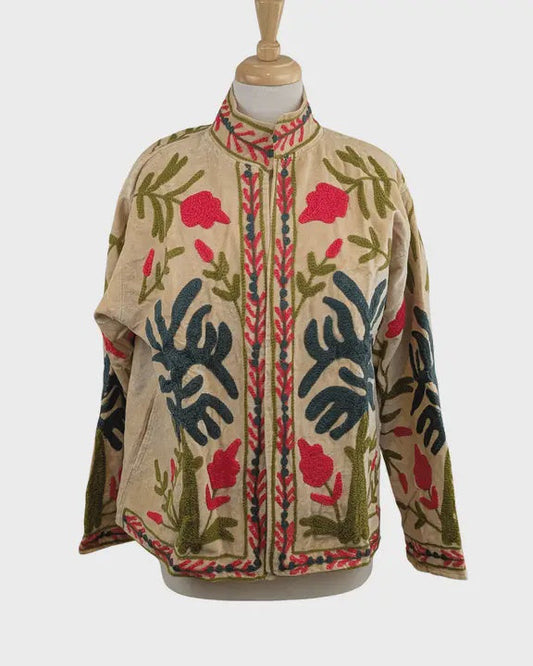 Cream & Blue Velvet Suzani Kimono Embroidered Boho Jacket - Precious Sparkle