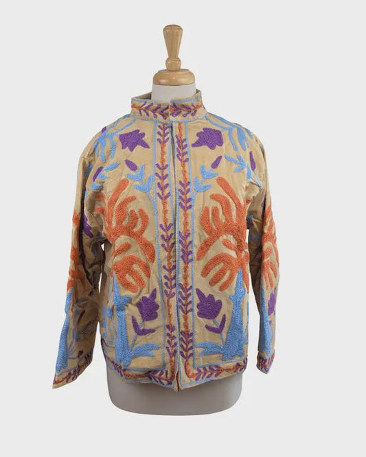 Cream & Lilac Velvet Suzani Kimono Embroidered Boho Jacket - Precious Sparkle