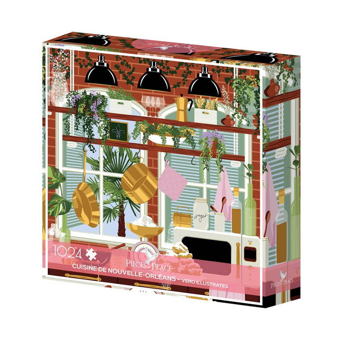Cuisine De Nouvelle-Orleans is a 1,000-piece jigsaw puzzle by Pieces & Peace, featuring Vero Illustrates' vibrant New Orleans kitchen scene with plants, pots, and windows. Made in France.