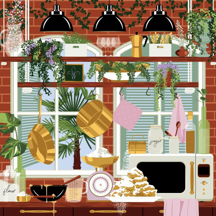 Cuisine De Nouvelle-Orleans by Pieces & Peace is a 1,000 piece jigsaw puzzle featuring Vero Illustrates' cozy kitchen with potted plants, gold pans, baking tools, jars, stacked cookies, and a window view—perfect for puzzle lovers.