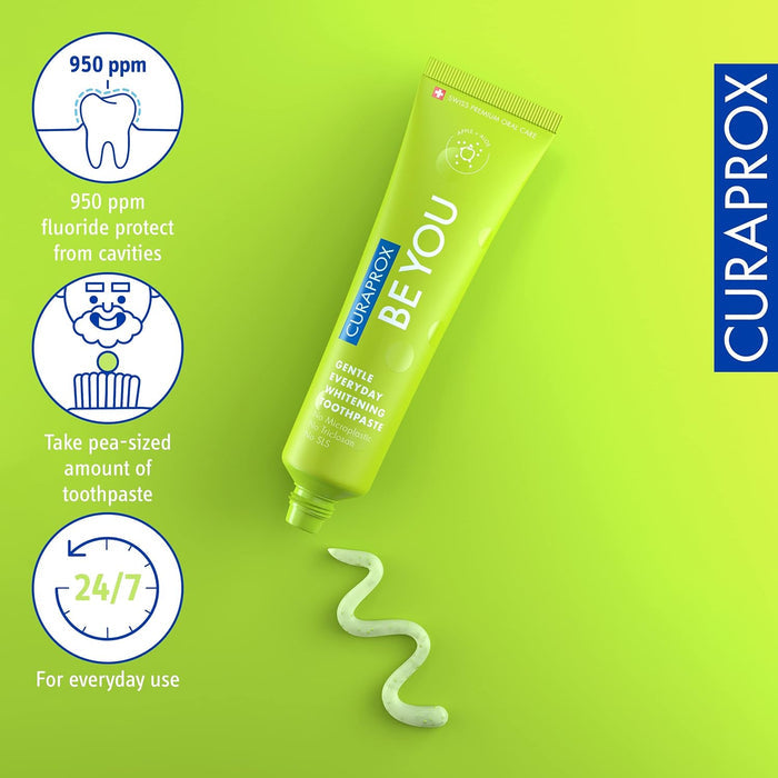 Curaprox BeYou Toothpaste 60ml - Gentle Everyday Whitening Toothpaste - SLS Free Microplastic Free Triclosan Free Fluoride Toothpaste (Green)