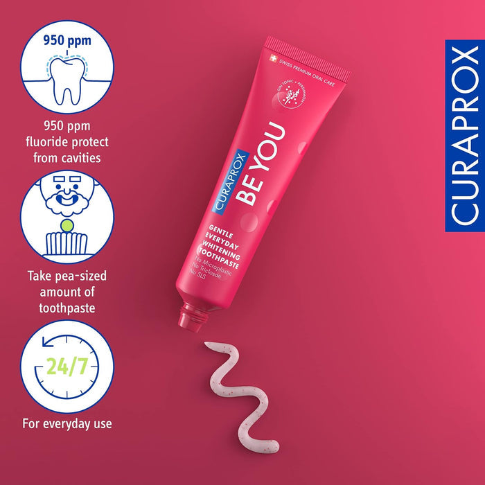 Curaprox BeYou Toothpaste 60ml - Gentle Everyday Whitening Toothpaste - SLS Free Microplastic Free Triclosan Free Fluoride Toothpaste (Red)