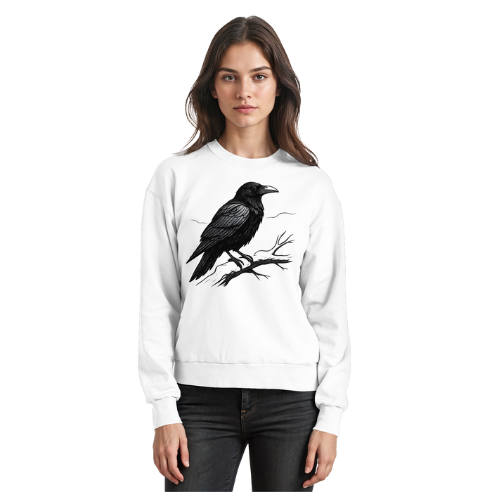 Front view of Arvenzo Dark Raven sweatshirt in white, showing a classic crewneck design and comfortable fit.