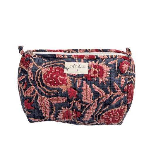 Deep Blue & Red Floral Block Print Quilted Large Washbag - Precious Sparkle