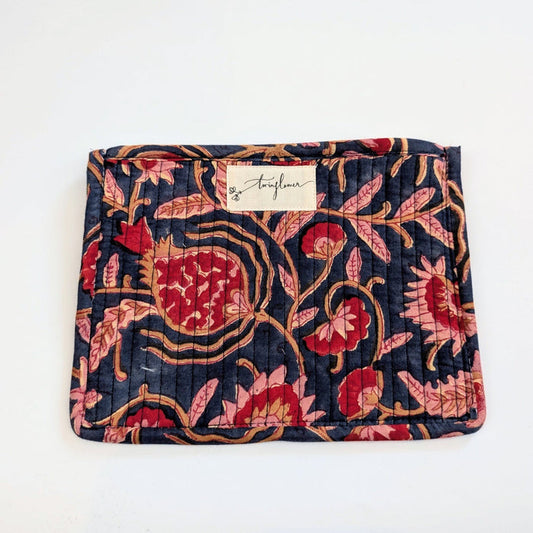 Deep Blue & Red Floral Block Print Quilted Medium Purse - Precious Sparkle