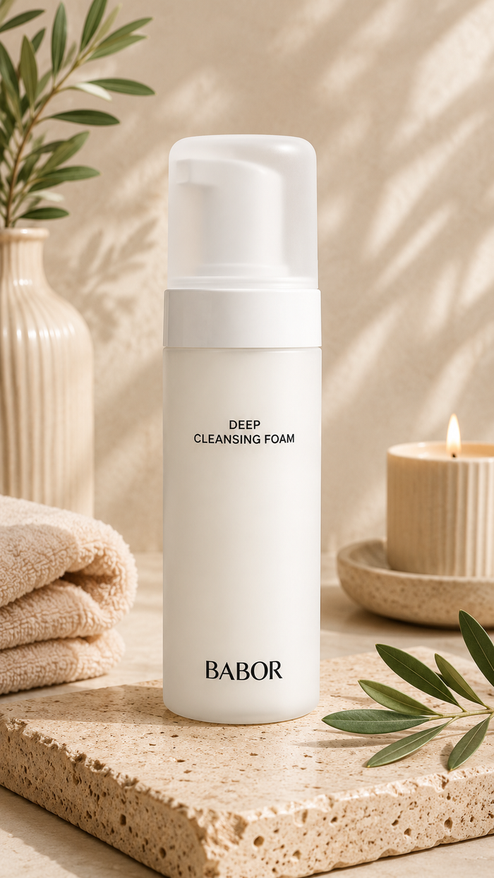 BABOR Deep Cleansing Foam in eleganter weißer Pumpflasche vor warmem Spa-Hintergrund mit Naturstein, sanften Beige- und Cremetönen, Kerze und grünen Blättern. Hochwertige Beauty-Produktinszenierung mit cleanem Luxus-Look und entspannender Wellness-Atmosphäre