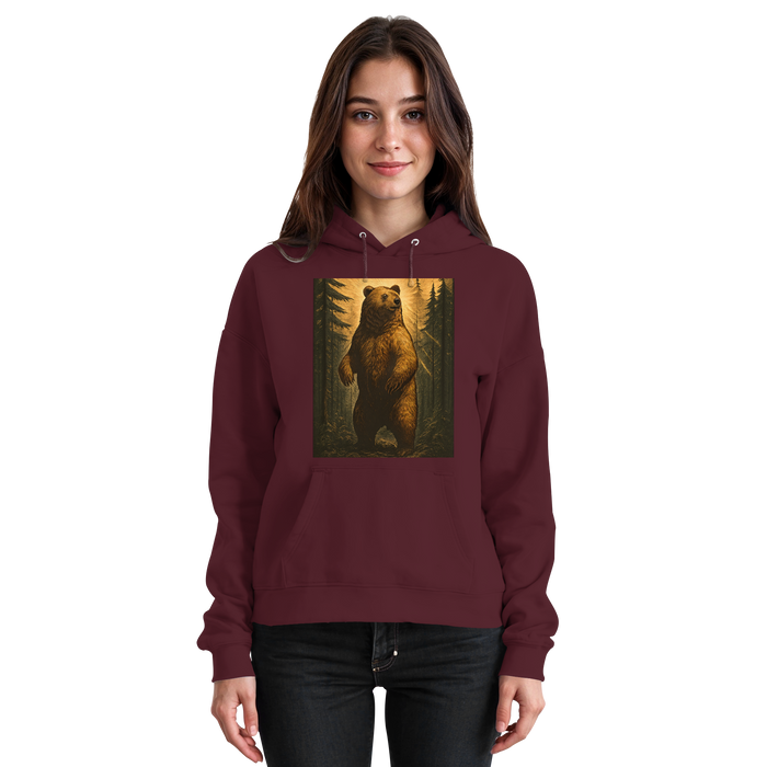Unisex burgundy Arvenzo Deep Timber Hoodie with front pocket and hood, shown from the front view.