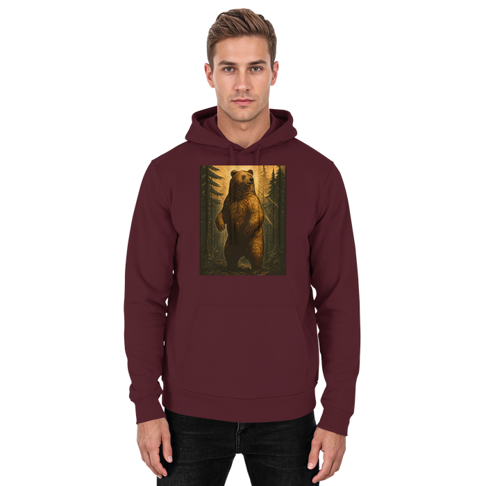 Unisex burgundy Arvenzo Deep Timber hoodie with front design, soft fabric, and relaxed fit, shown from the front view.