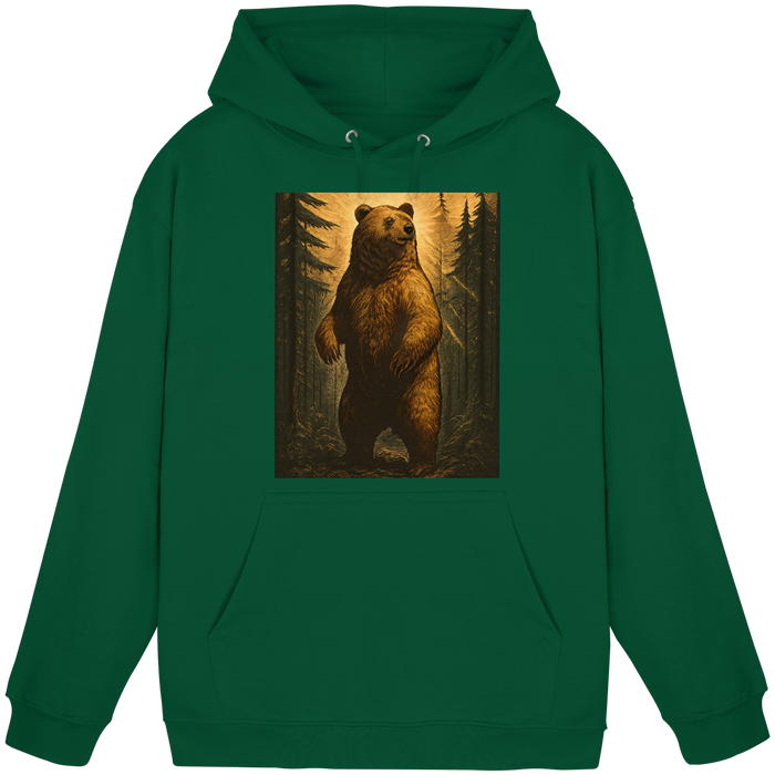 Front view of Arvenzo Deep Timber unisex hoodie in bottle green, featuring a classic hood and casual fit.