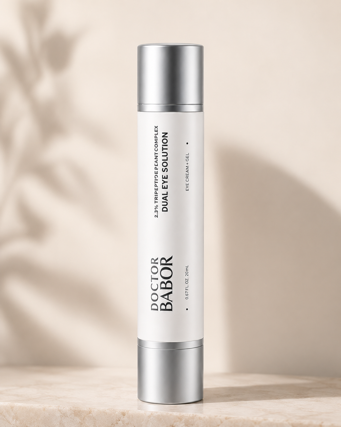 DOCTOR BABOR Dual Eye Solution Augenpflege mit modernem Luxus-Design auf elegantem beigem Hintergrund – hochwertige Anti-Aging Augencreme und Gel gegen Falten, Schwellungen und müde Augen.