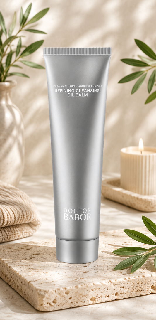 DOCTOR BABOR Refining Cleansing Oil Balm in eleganter silberner Tube vor hellem Spa-Hintergrund mit Naturstein, sanften Beige- und Cremetönen, Kerze und grünen Blättern. Hochwertige Beauty-Produktinszenierung mit modernem Clean-Luxury-Look und entspannender Wellness-Atmosphäre