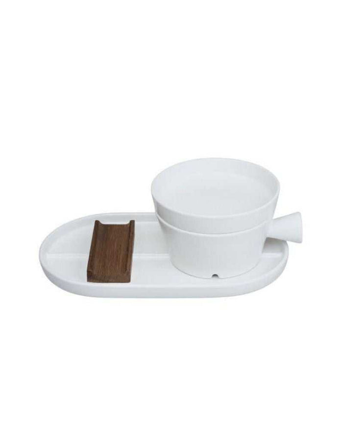White ceramic shaving bowl with wooden soap dish and tray