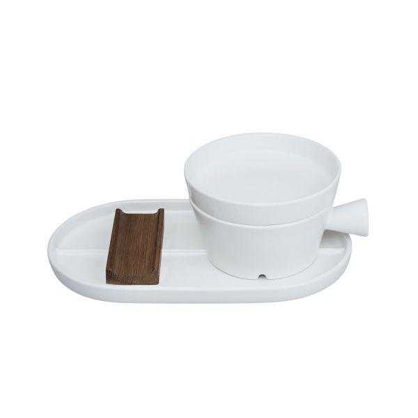 White ceramic shaving bowl with wooden soap dish and tray