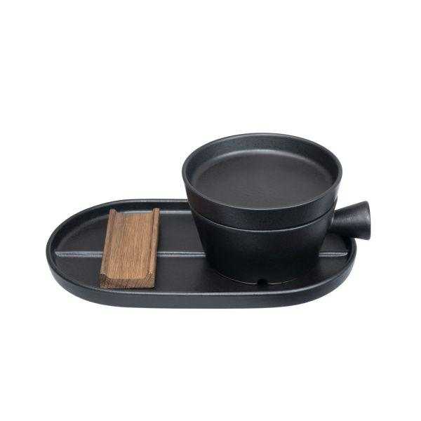 Black ceramic shaving bowl with wooden soap dish and tray
