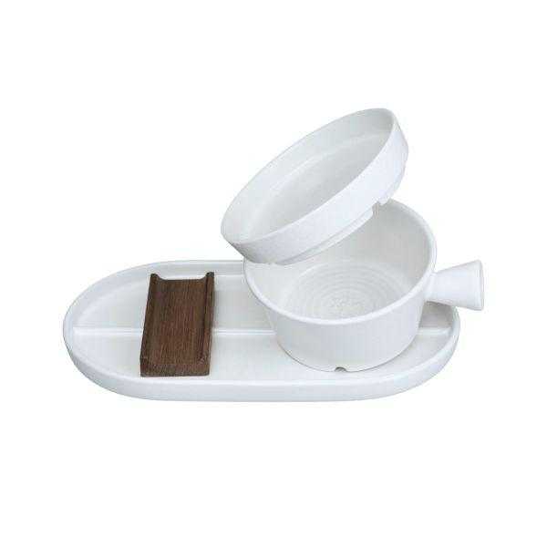 White ceramic shaving bowl with wooden soap dish and tray
