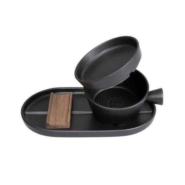 Black ceramic shaving bowl with wooden soap dish and tray