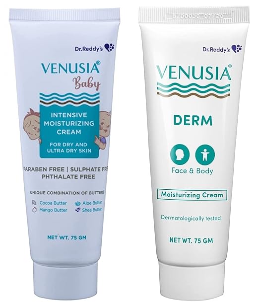 Dr Reddys Venusia Baby Intensive Moisturizing Cream  For Dry and Ultra dry Skin  Contains Cocoa Aloe Mango & Shea Butters | 75 gm and Venusia Derm Moisturing Cream 75 g