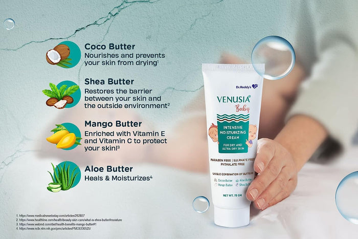 Dr Reddy's Venusia Baby Intensive Moisturizing Cream | For Dry and Ultra Dry Skin | Paraben Free,Sulphate Free,Phalate Free | Contains Cocoa, Aloe, Mango & Shea Butters  | 75 gm