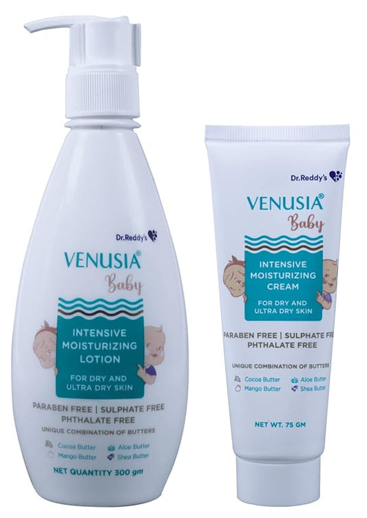 Dr Reddy's Venusia Baby Intensive Moisturizing Lotion 300 g and Baby Intensive Moisturizing Cream 75 g| For Dry and Ultra dry Skin | Contains Cocoa Aloe Mango & Shea Butters