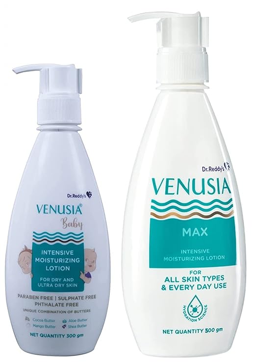 Dr Reddys Venusia Baby Intensive Moisturizing Lotion  For Dry and Ultra dry Skin  Contains Cocoa Aloe Mango & Shea Butters  300 gm and Venusia Max Intensive Moisturizing Lotion For Everyday Use 500 g