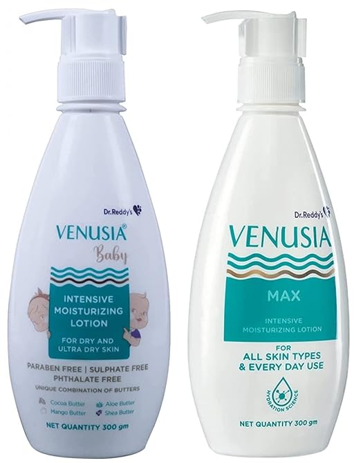 Dr Reddys Venusia Baby Intensive Moisturizing Lotion  For Dry and Ultra dry Skin .Contains Cocoa Aloe Mango & Shea Butters  300 gm and Venusia Max Intensive Moisturizing Lotion For Everyday Use 300 g
