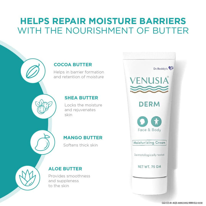 Dr. Reddy's Venusia Derm Moisturizing Cream | Enriched with 4 natural butters| Clinically Proven to hydrate & soften dry-skin conditions | For Face & Body |No.1 Dermatologist Recommended Brand | Normal to Dry Skin | Non-irritant & Hypoallergenic | 75 g