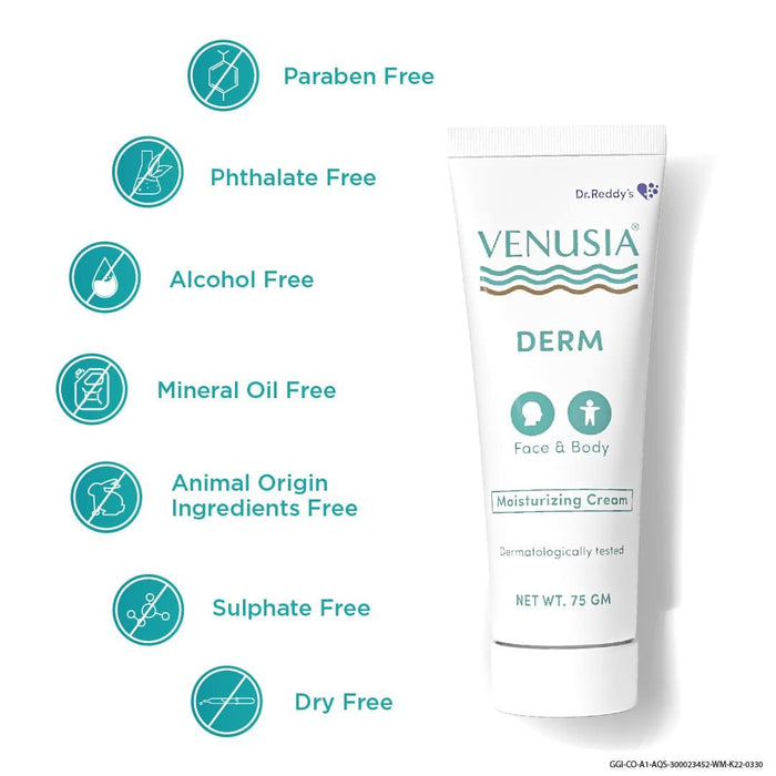 Dr. Reddy's Venusia Derm Moisturizing Cream | Enriched with 4 natural butters| Clinically Proven to hydrate & soften dry-skin conditions | For Face & Body |No.1 Dermatologist Recommended Brand | Normal to Dry Skin | Non-irritant & Hypoallergenic | 75 g