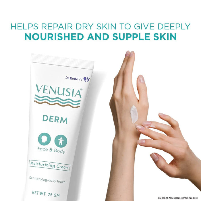 Dr. Reddy's Venusia Derm Moisturizing Cream | Enriched with 4 natural butters| Clinically Proven to hydrate & soften dry-skin conditions | For Face & Body |No.1 Dermatologist Recommended Brand | Normal to Dry Skin | Non-irritant & Hypoallergenic | 75 g