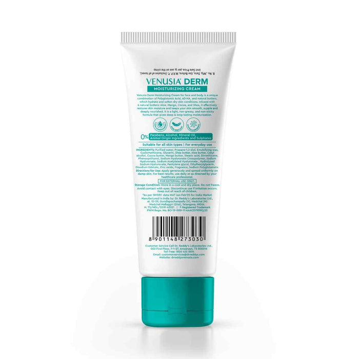 Dr. Reddy's Venusia Derm Moisturizing Cream | Enriched with 4 natural butters| Clinically Proven to hydrate & soften dry-skin conditions | For Face & Body |No.1 Dermatologist Recommended Brand | Normal to Dry Skin | Non-irritant & Hypoallergenic | 75 g