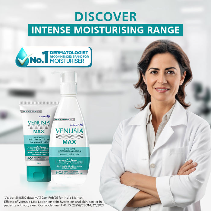 Dr. Reddy's Venusia Max Intensive Moisturizing Cream, For Dry Skin, Repairs & Smoothens Skin, 150 GM