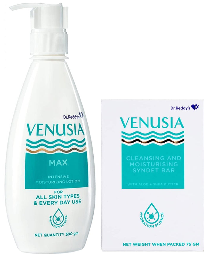 Dr. Reddy's Venusia Max Intensive Moisturizing Lotion, 500g & Venusia Moisturizing Bathing Bar, Syndet Bar, 75gfor All Skin Types, Repairs Dry Skin, Soft and Smooth Skin, Moisturized and Hydrated Skin (Combo)