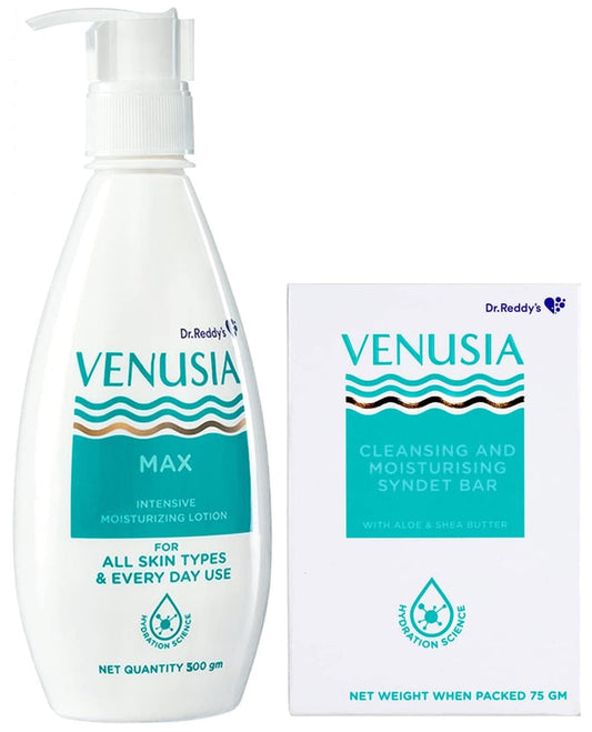 Dr. Reddy's Venusia Max Intensive Moisturizing Lotion, 500g & Venusia Moisturizing Bathing Bar, Syndet Bar, 75gfor All Skin Types, Repairs Dry Skin, Soft and Smooth Skin, Moisturized and Hydrated Skin (Combo)