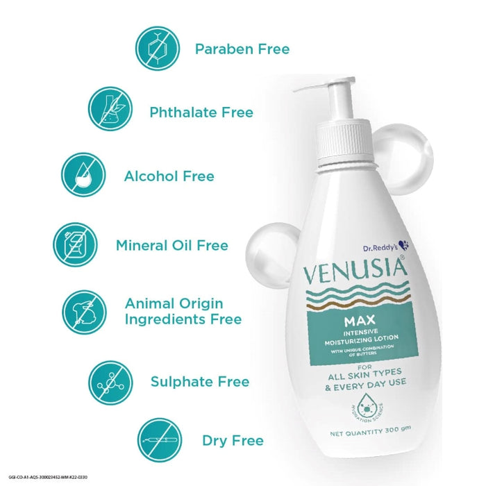 Dr. Reddy's Venusia Max Intensive Moisturizing Lotion, 500g & Venusia Moisturizing Bathing Bar, Syndet Bar, 75gfor All Skin Types, Repairs Dry Skin, Soft and Smooth Skin, Moisturized and Hydrated Skin (Combo)