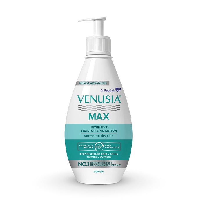 Dr. Reddy's Venusia Max Moisturizing Lotion for Daily Use for Dry Skin, Contains Shea, Mango, Aloe & Cocoa Butter, Paraben Free & Non Irritant Formula, Dermat Recommended, 500 GM