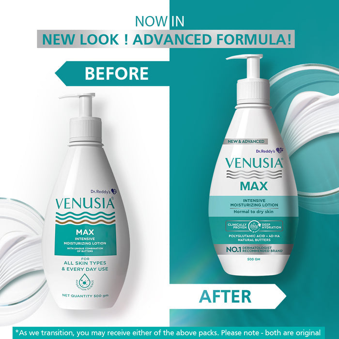 Dr. Reddy's Venusia Max Moisturizing Lotion for Daily Use for Dry Skin, Contains Shea, Mango, Aloe & Cocoa Butter, Paraben Free & Non Irritant Formula, Dermat Recommended, 500 GM