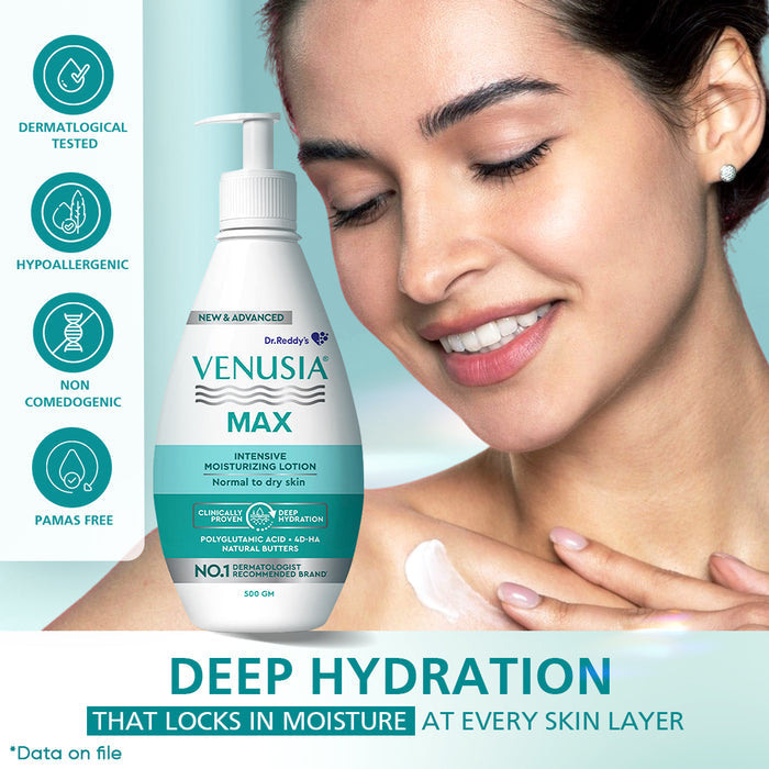 Dr. Reddy's Venusia Max Moisturizing Lotion for Daily Use for Dry Skin, Contains Shea, Mango, Aloe & Cocoa Butter, Paraben Free & Non Irritant Formula, Dermat Recommended, 500 GM