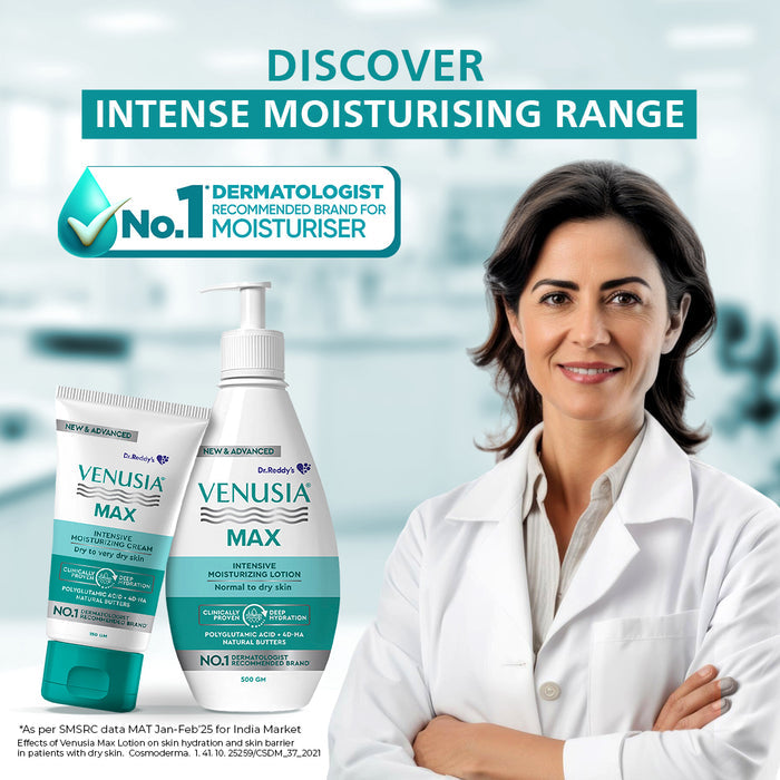 Dr. Reddy's Venusia Max Moisturizing Lotion for Daily Use for Dry Skin, Contains Shea, Mango, Aloe & Cocoa Butter, Paraben Free & Non Irritant Formula, Dermat Recommended, 500 GM