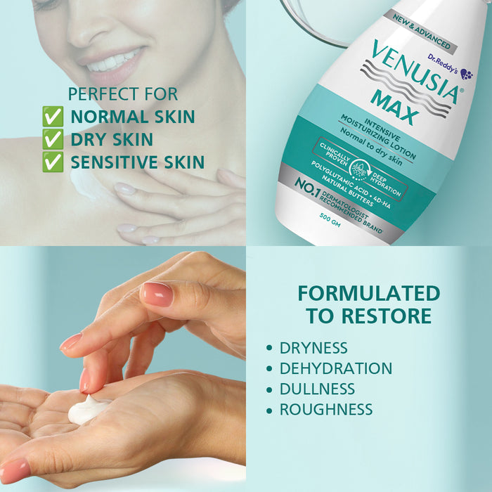 Dr. Reddy's Venusia Max Moisturizing Lotion for Daily Use for Dry Skin, Contains Shea, Mango, Aloe & Cocoa Butter, Paraben Free & Non Irritant Formula, Dermat Recommended, 500 GM
