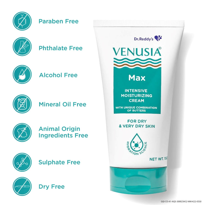 Dr. Reddy's Venusia Moisturizing Bathing Bar 75 gm and Venusia Max Cream Paraben Free 150 gm,For Dry Skin, For Everyday Use, Repairs Dry Skin, Soft and Smooth Skin, Moisturized and Hydrated Skin (Combo)