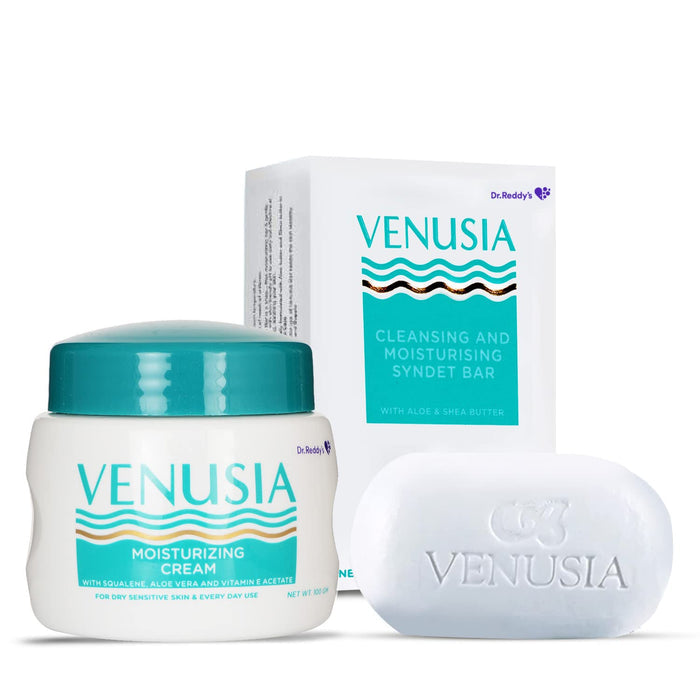 Dr. Reddy's Venusia Moisturizing Cream with Vitamin E & Aloe Vera, 100g and Venusia Moisturizing Bathing Bar, Syndet Bar, 75g for Dry Skin, Repairs Dry Skin, Soft and Smooth Skin (Combo)