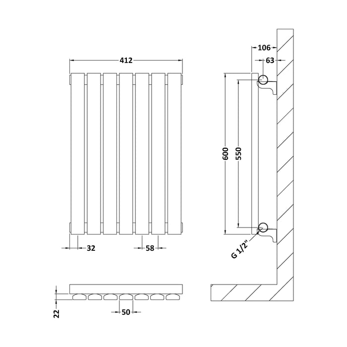 [BHLUW54] Edingale Square Horizontal Single Panel Radiator, Choice of Size and Colour - Technical Drawing