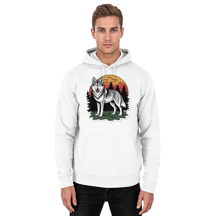 Arvenzo Lone Dusk unisex hoodie in Arctic White, front view showing a simple, comfortable hoodie with a hood and front pocket.