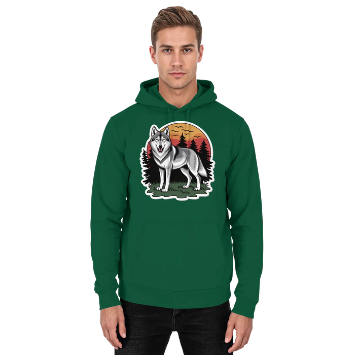 Front view of Arvenzo Lone Dusk unisex hoodie in bottle green with a simple, classic design and a hood for casual wear.