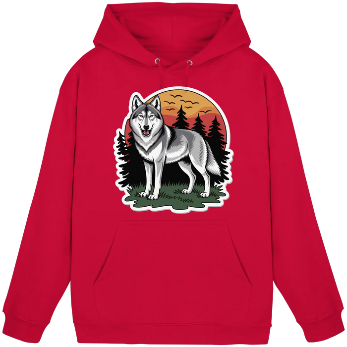 Front view of Arvenzo Lone Dusk unisex hoodie in fire red with a simple design and adjustable drawstrings.