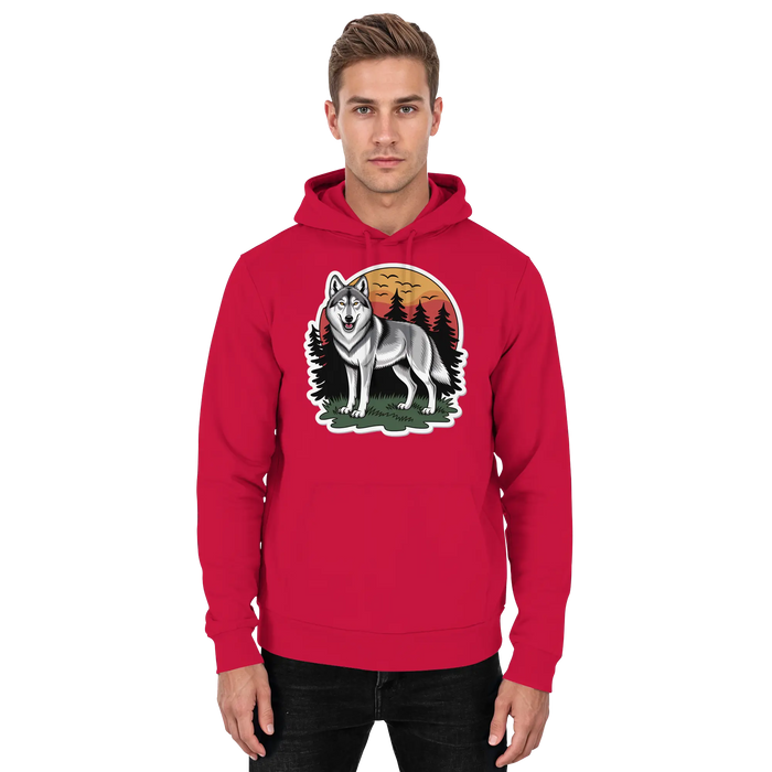 Front view of Arvenzo Lone Dusk unisex hoodie in fire red, featuring a simple design with a hood and long sleeves.